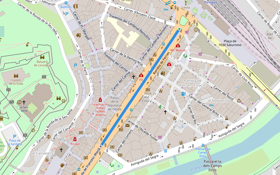 Rambla de Ferran walking route map in Lleida