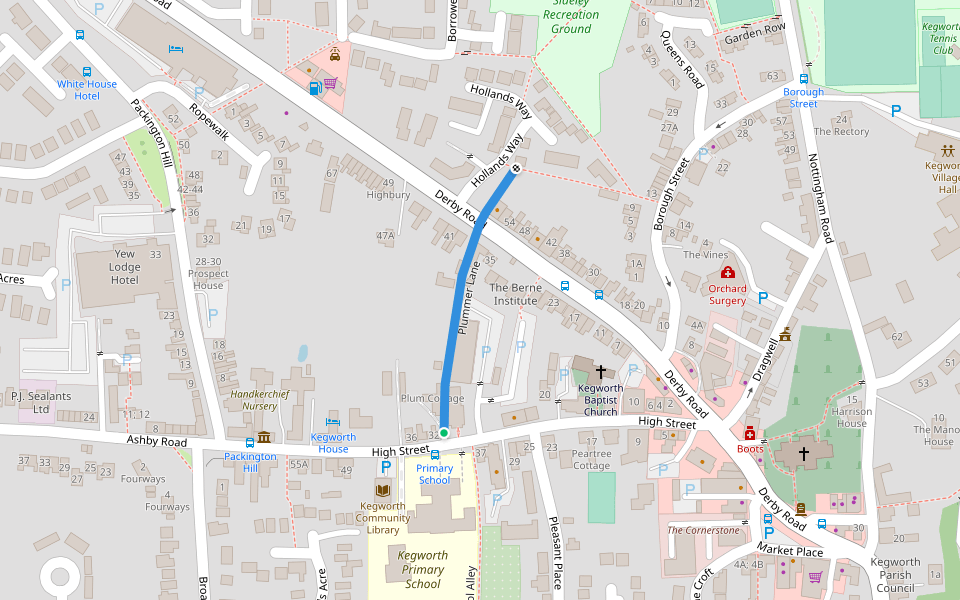 Plummer Lane walking route map in Kegworth