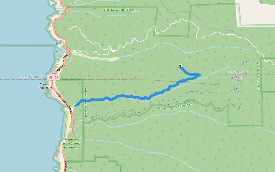 Gwynn Creek Trail walking route map in Yachats