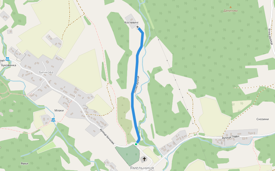 Лісова вулиця walking route map in Yamel'nytsya