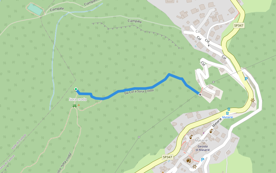 Da Col a Sora Croda walking route map in Masarié