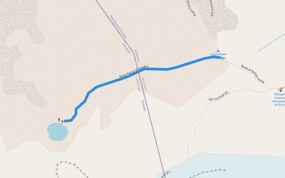Ruta hacia la laguna walking route map in El chaupi