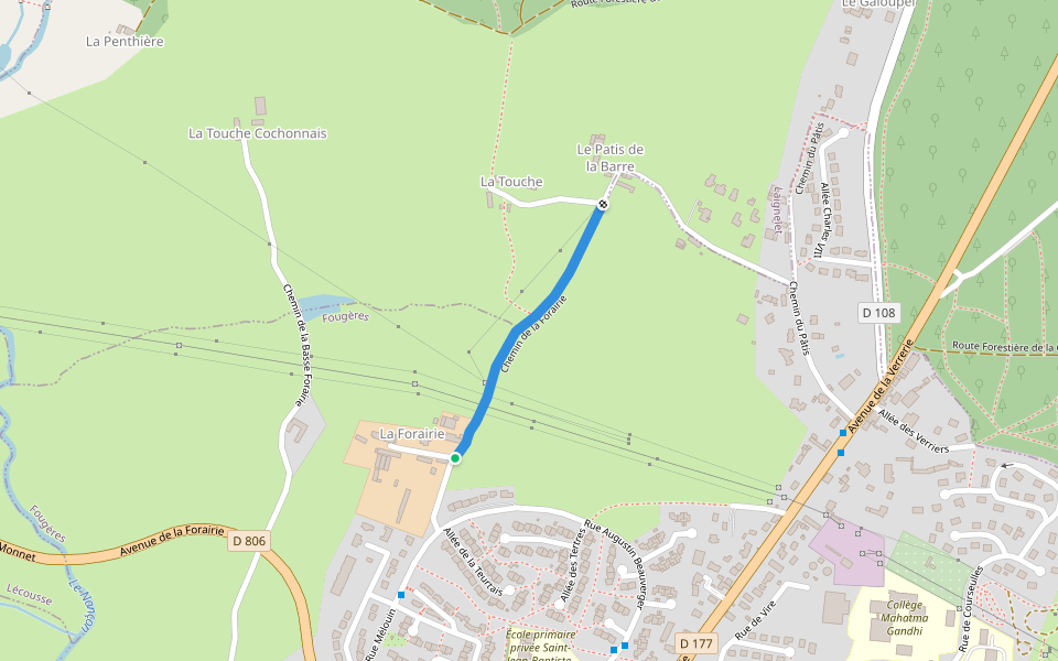 Chemin de la Forairie walking route map in Fougères