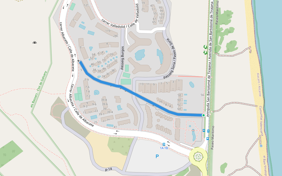 passeig Algeciras / Paseo de Algeciras walking route map in Los Arenales del Sol
