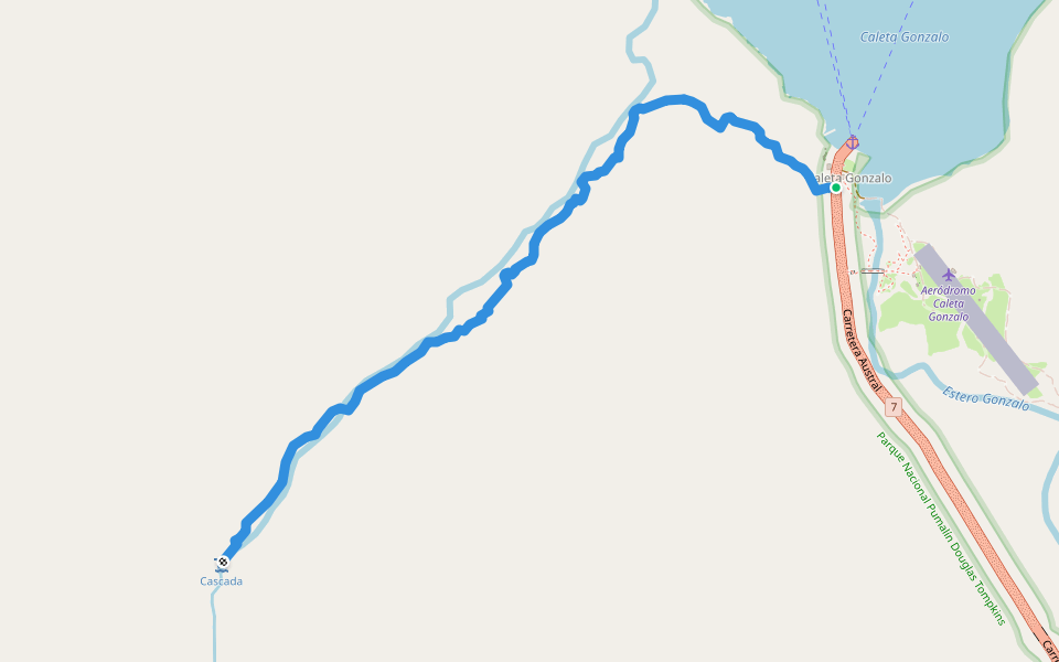 Sendero Cascada walking route map in Caleta Gonzalo