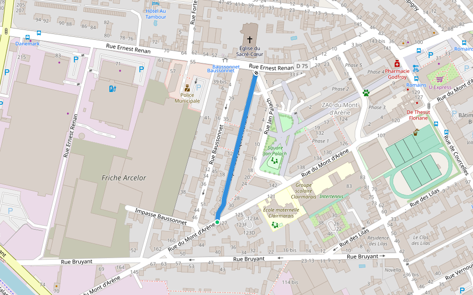 Esplanade Jacques Richard walking route map in Reims