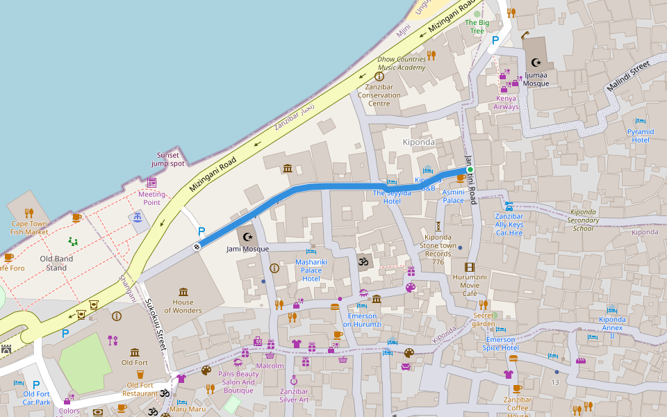 Nyumba ya Moto Street walking route map in Zanzibar