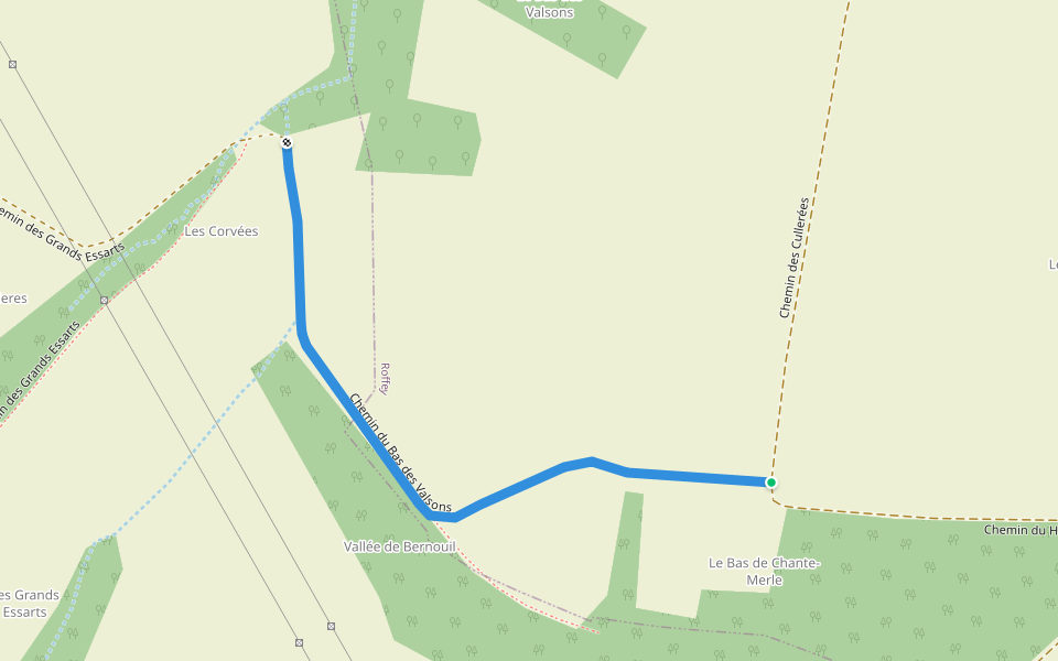 Chemin du Bas des Valsons walking route map in Roffey