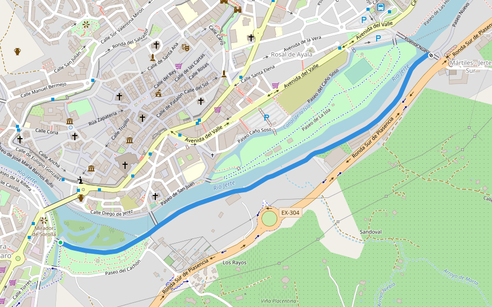 Paseo del Sur walking route map in Plasencia