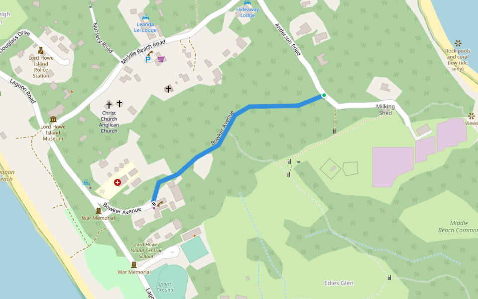 Bowker Avenue walking route map in Lord Howe Island