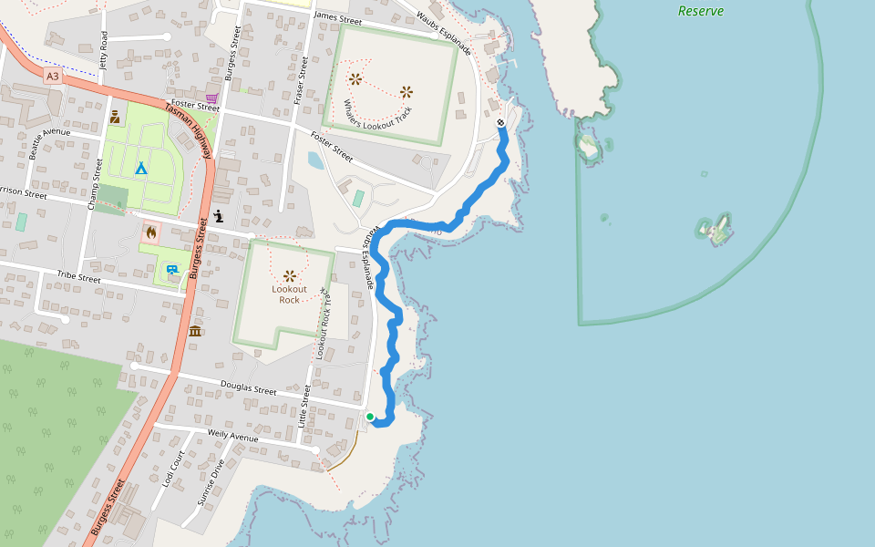 Bicheno Foreshore Track walking route map in Bicheno