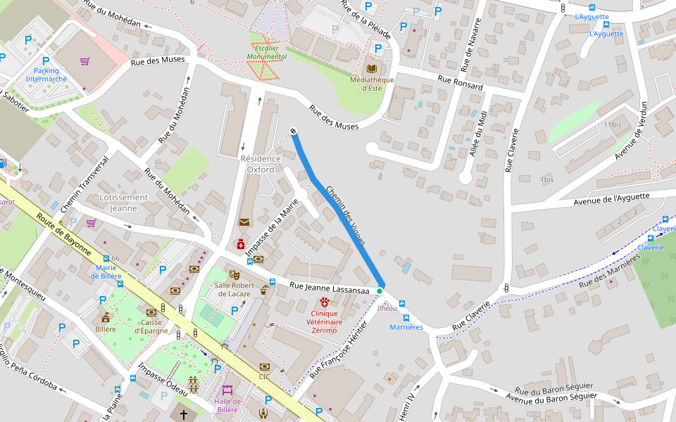 Chemin des Vignes walking route map in Billère