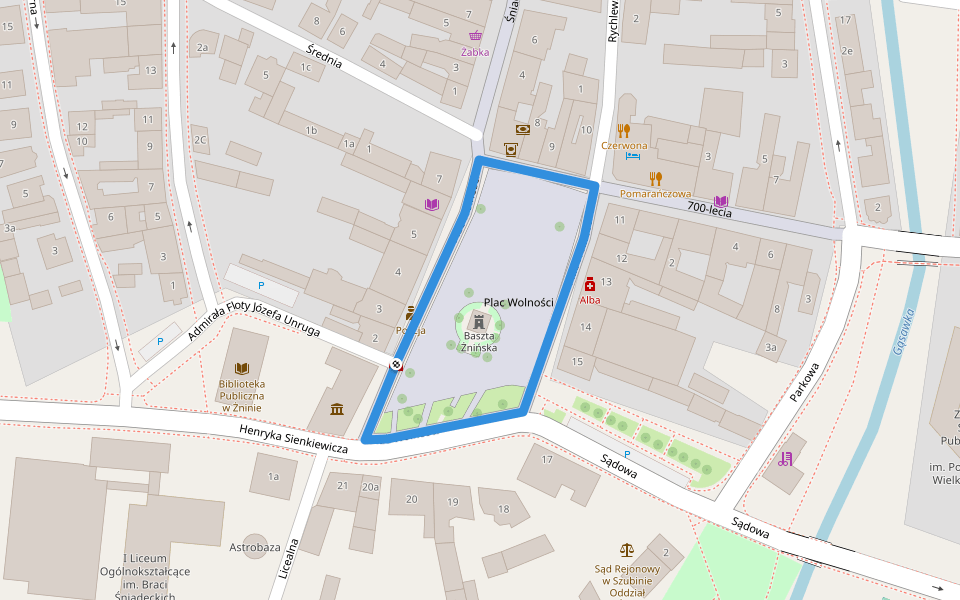 Plac Wolności walking route map in Żnin