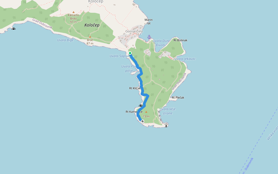 Kalamota sea side foot path walking route map in Koločep