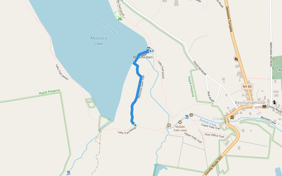 Myosotis Dam Trail walking route map in Rensselaerville