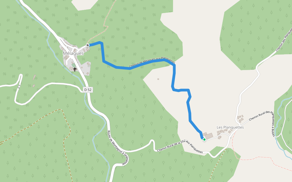 Chemin de Mélagues aux Planquettes walking route map in Mélagues