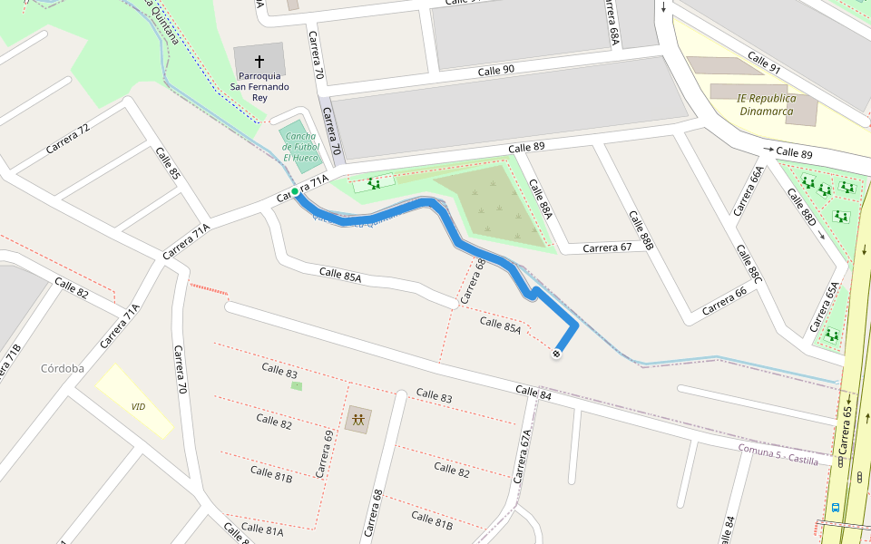 Calle 84A walking route map in Medellín