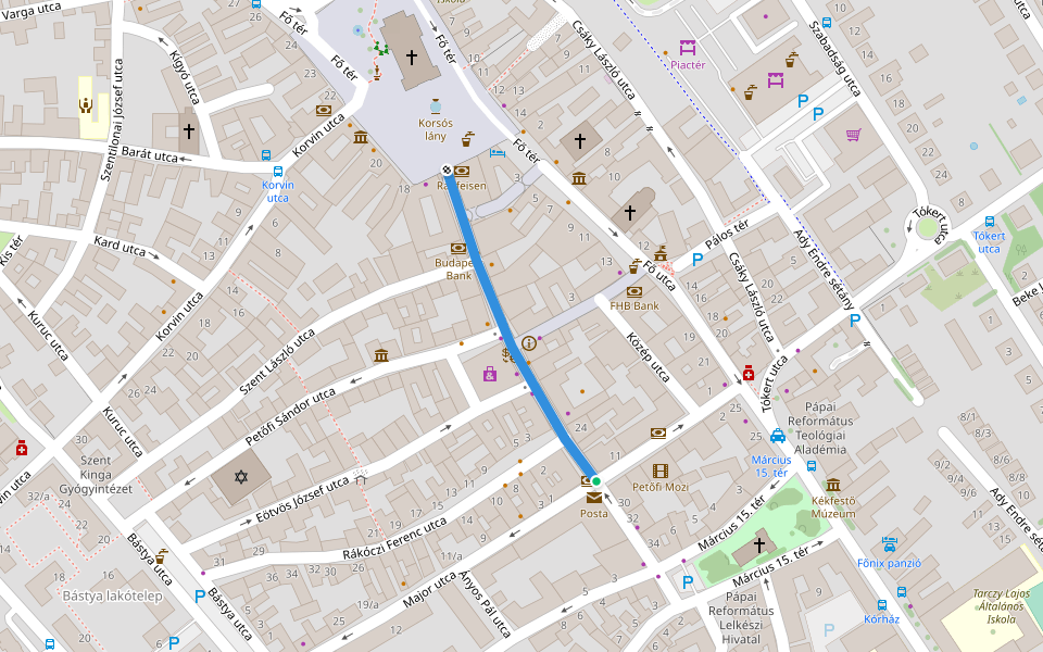 Kossuth Lajos utca walking route map in Pápa
