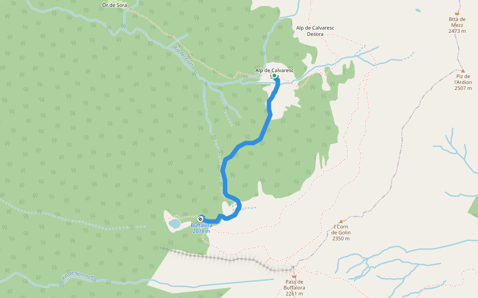 Alp de Calvaresc Sott - Capanna Buffalora walking route map in Rossa