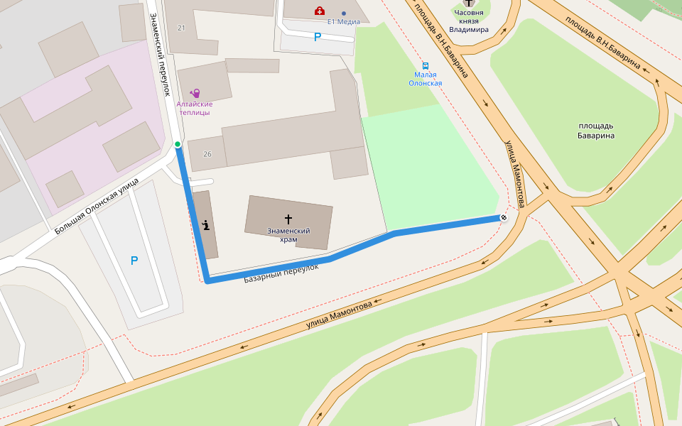 Базарный переулок walking route map in Barnaul