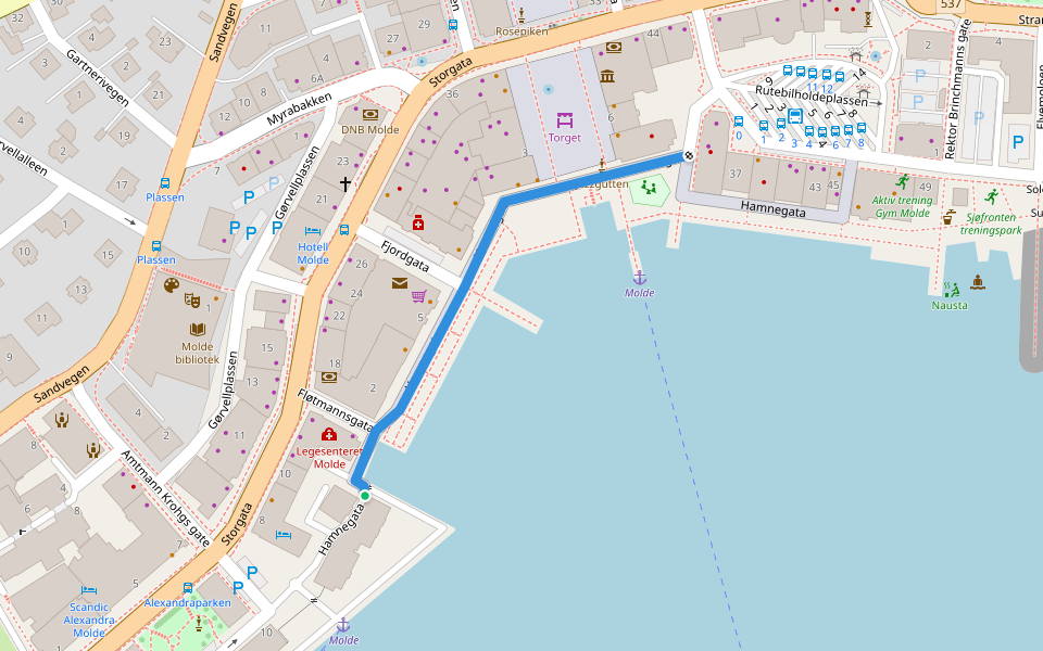 Hamnegata walking route map in Molde