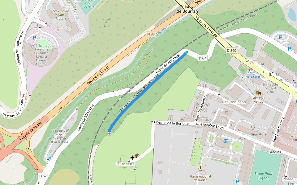 Chemin de la Ferme de la Boriette walking route map in Rodez