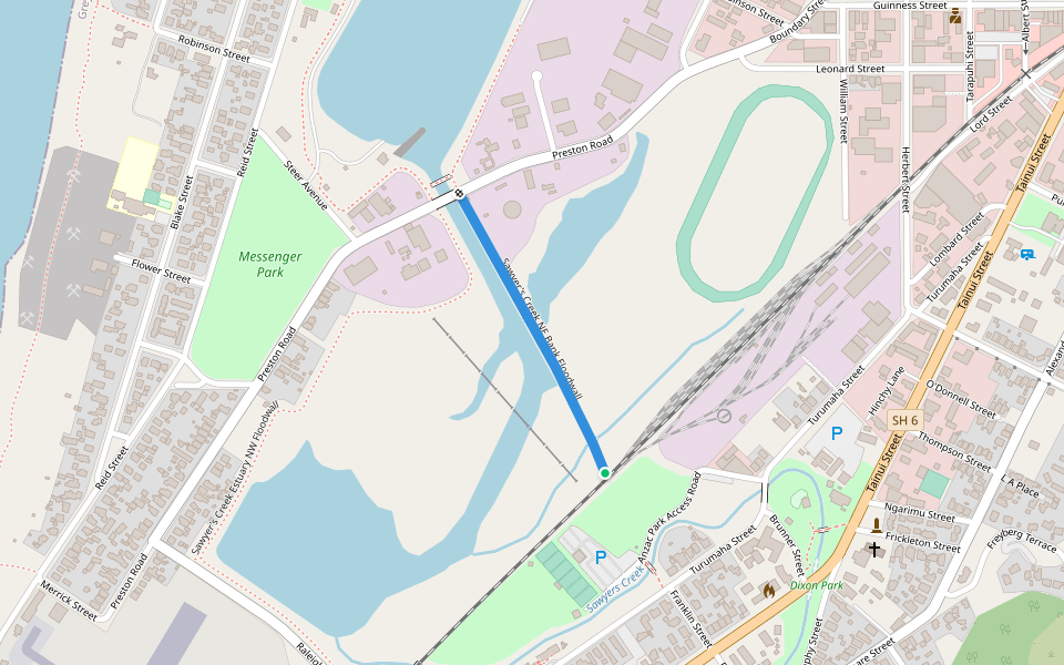 Sawyer's Creek NE Bank Floodwall walking route map in Greymouth
