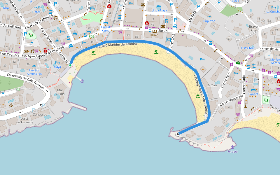 Passeig Marítim de Palmira walking route map in Peguera