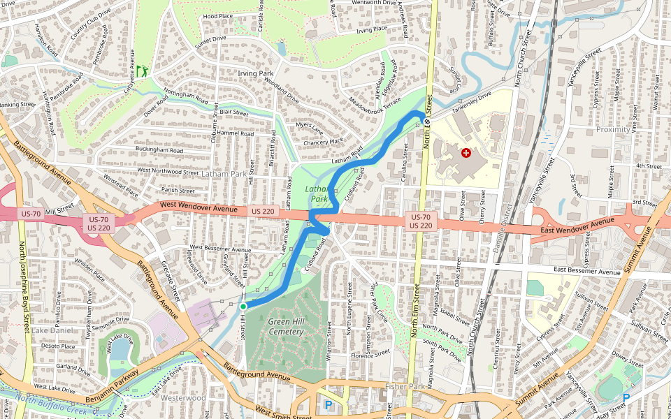 Latham Park Greenway walking route map in Greensboro