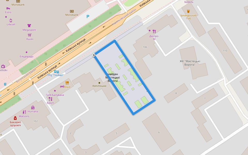 Мистецькі Ворота майдан walking route map in Zhytomyr