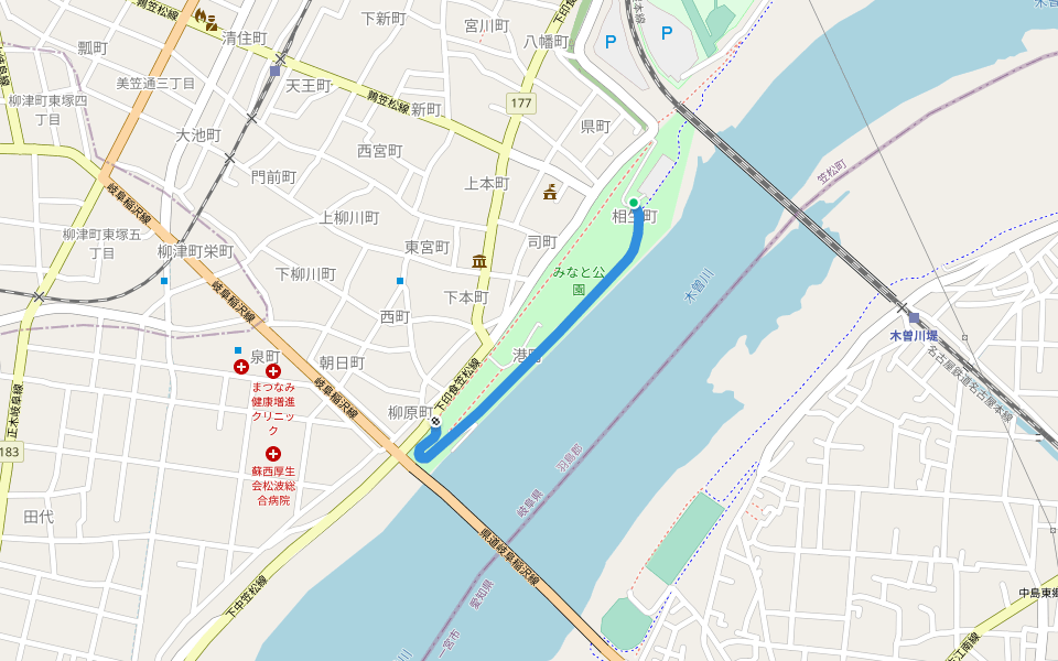 木曽川笠松渡船場跡・石畳 walking route map in Kasamatsu