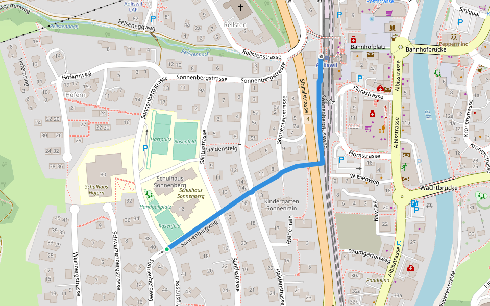 Sonnenbergfussweg walking route map in Adliswil