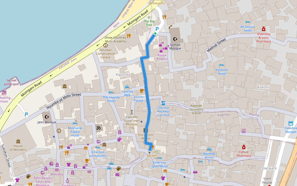 Jamatini Road walking route map in Zanzibar
