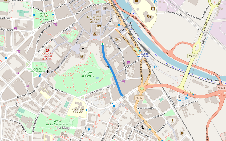 Calle Rivero walking route map in Avilés