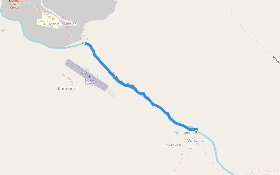 Path follows river bed walking route map in Urirai