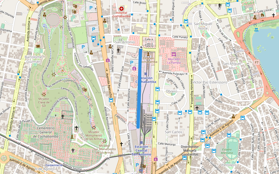 Calle Juan Francisco Velarde walking route map in Cochabamba