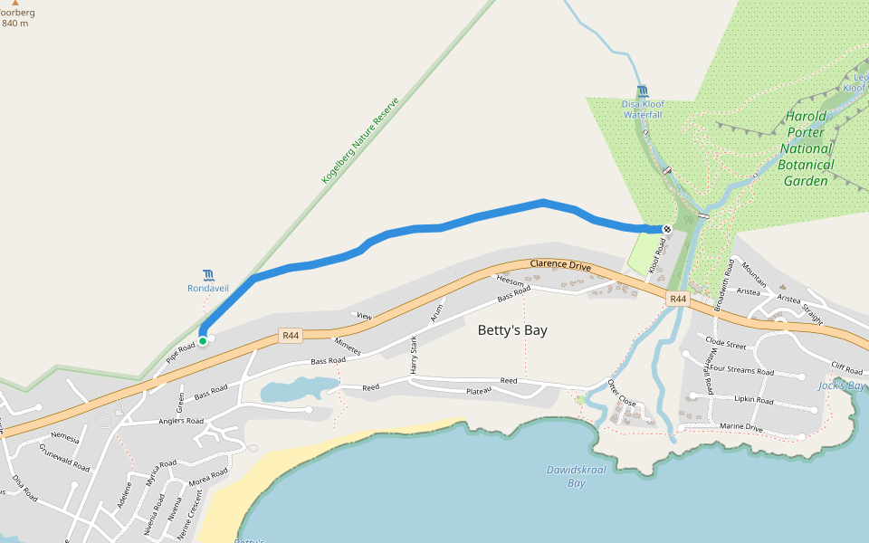 Rod's Trail walking route map in Betty's Bay