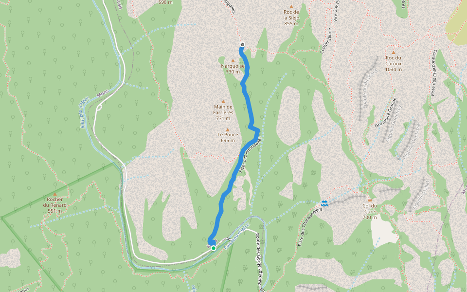 Piste des Hirondelles walking route map in Rosis