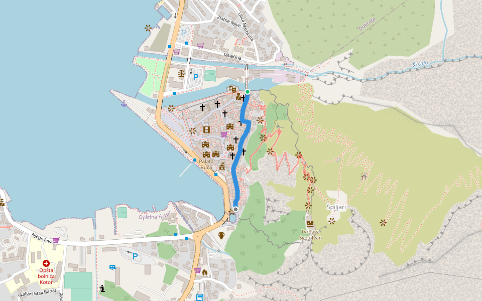 Zanatska ulica walking route map in Kotor