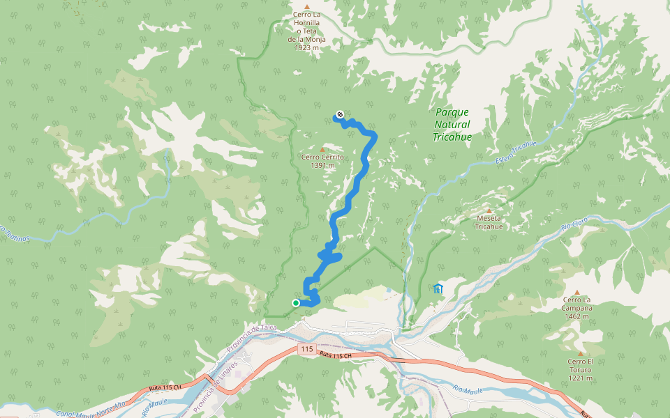 Sendero Salto del Chucao walking route map in Colbún Alto