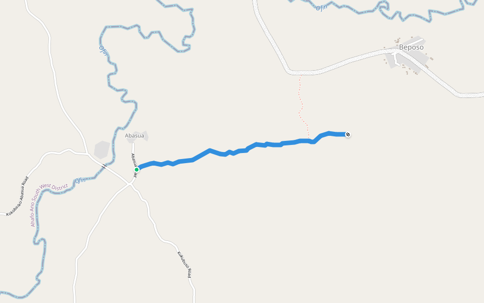Abompe - Kojourkrom path walking route map in Beposo