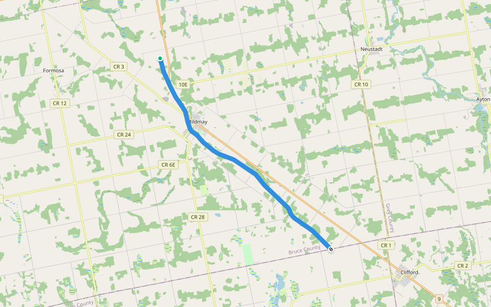 Bruce County Rail Trail walking route map in Mildmay