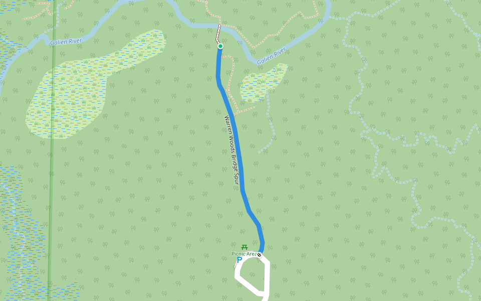 Warren Woods Bridge Spur walking route map in Three Oaks