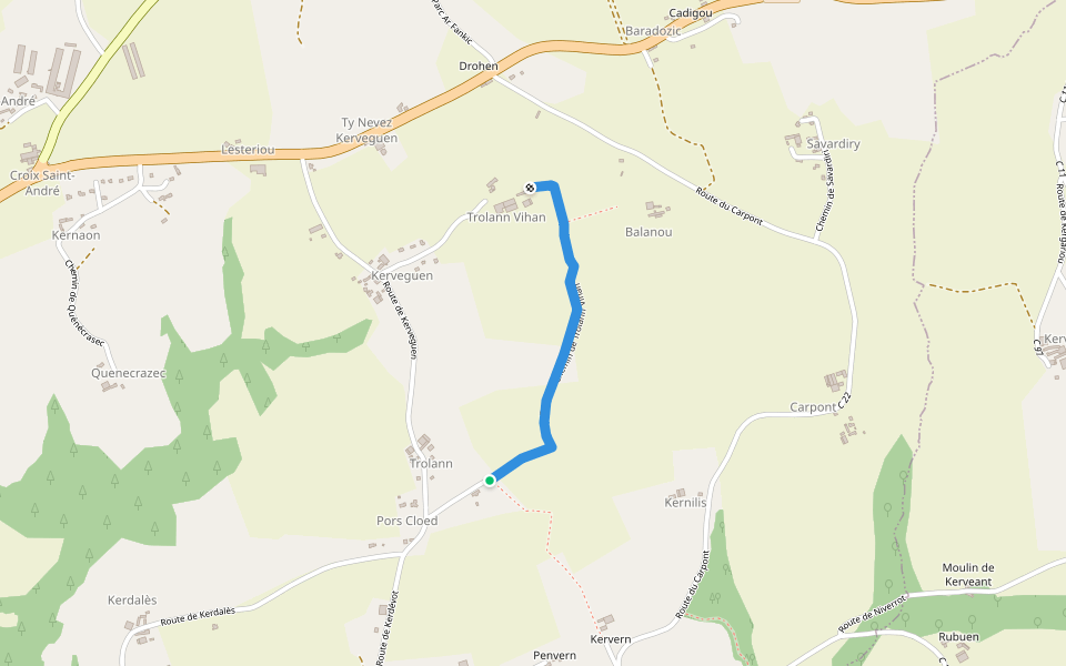 Chemin de Trolann Vihan walking route map in Ergué-Gabéric