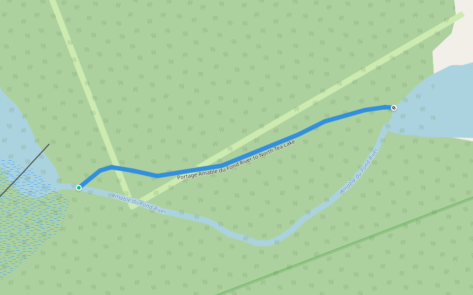 Portage Amable du Fond River to North Tea Lake walking route map in South River