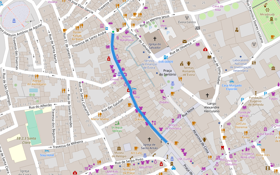 Rua João de Deus walking route map in Évora
