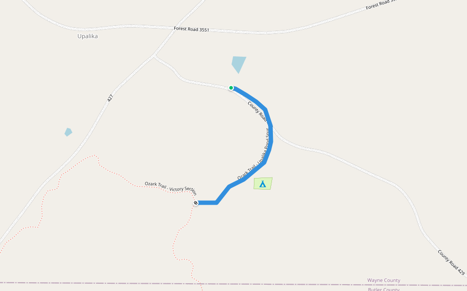 Ozark Trail - Upalika Pond Spur walking route map in Ellsinore