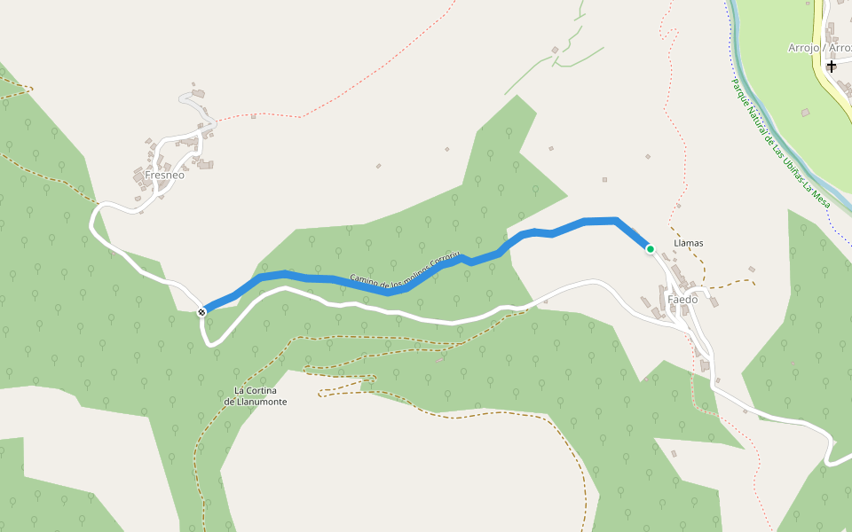 Camino de los molinos Corroriu walking route map in Faedo