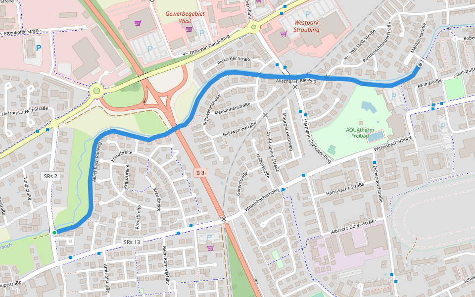 Allachbach Radweg walking route map in Straubing