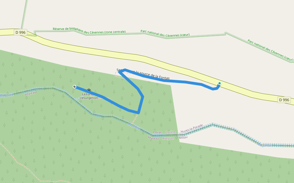 Sentier vers la source de la Fontas walking route map in Hures-la-Parade